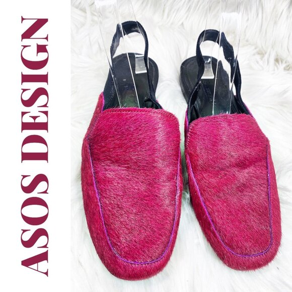ASOS RED PONY HAIR SLINGBACK LOAFER MULES LOW HEEL, SIZE 7 - Picture 2 of 9